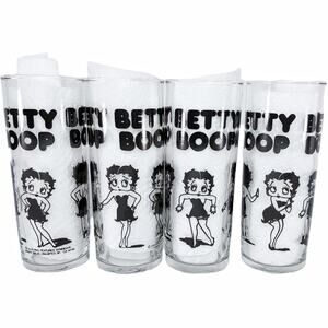 Betty Boop Black Clear Glasses 4pc Set Vintage 1988 Libbey Display